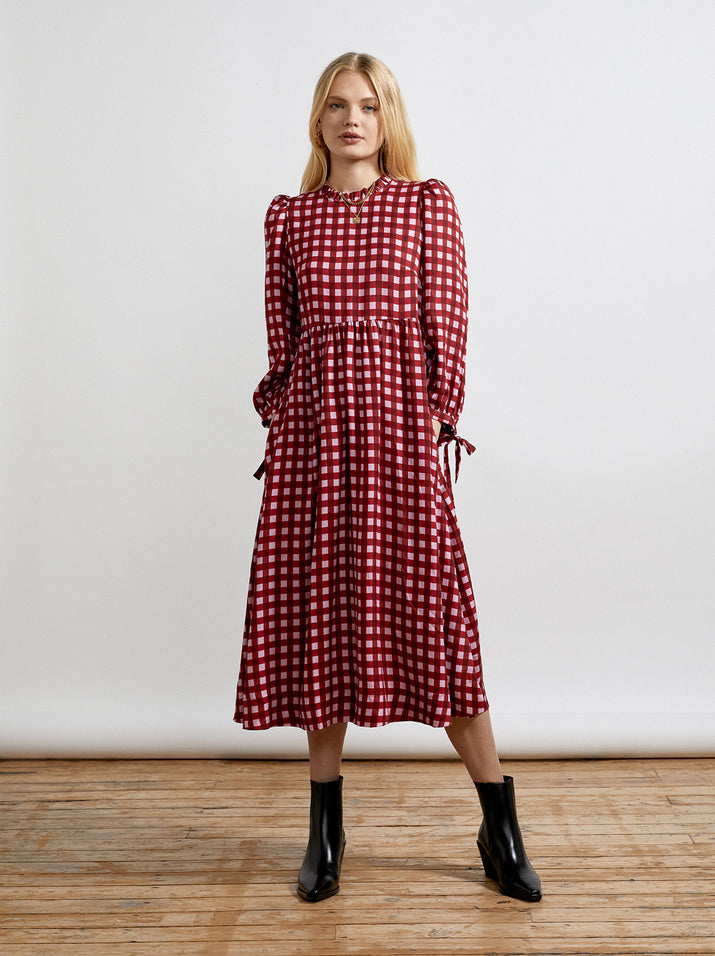 Elsa Frill Neck Pink Checked Midi Dress ...